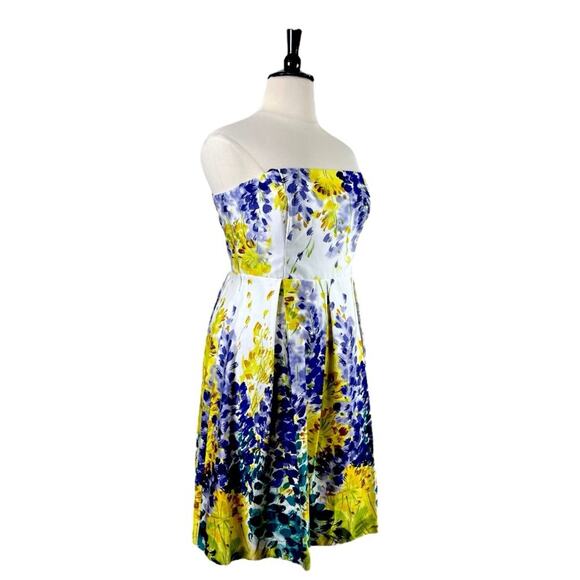 Muse Strapless Fit Flare Dress Pockets Yellow Purple Floral Women’s Plus Size 14 - Picture 2 of 14